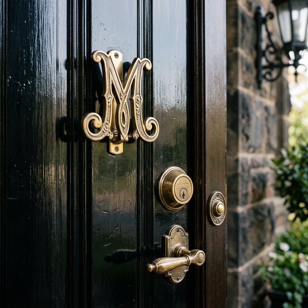 A close-up detail shot of a beautiful glossy black front door with an antique brass monogram door knocker in the letter M, matching brass deadbolt, handle, and doorbell, rich and elegant styling, shallow depth of field, macro architectural photography, luxury home exterior detail.
